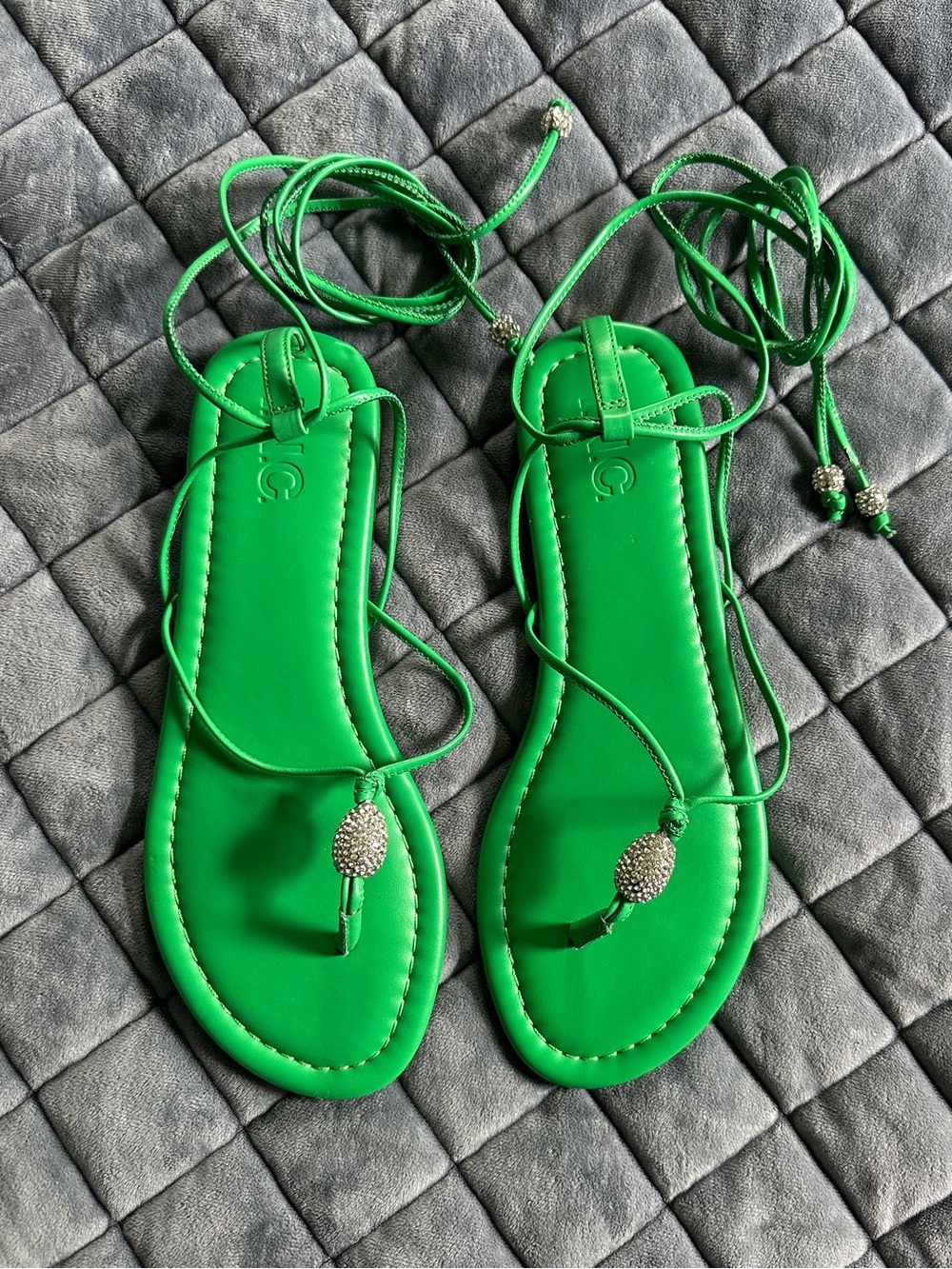 Never Worn Green Lace-Up T-Strap Sandals
